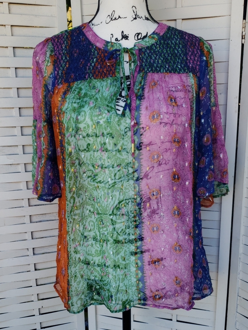 Anthropologie Boho Patchwork Tie-Neck Blouse - Green & Pink XS